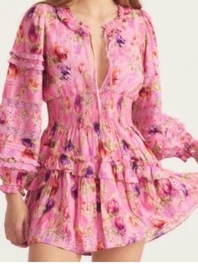 LoveShackFancy Pink Floral Ruffle Tiered Mini Dress